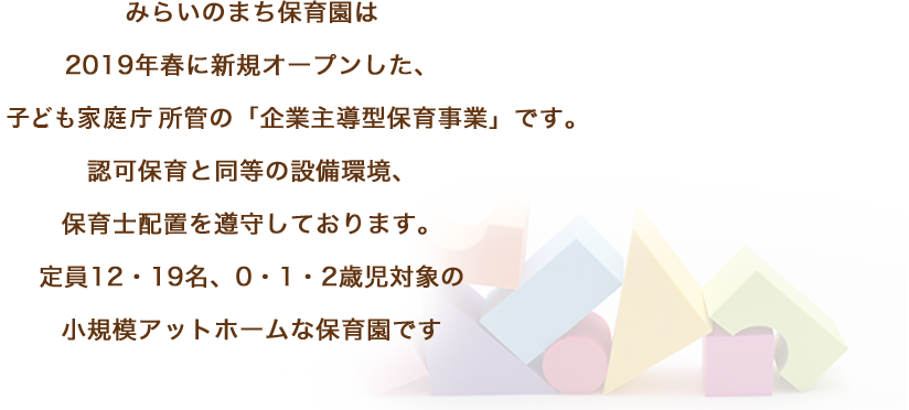 みらいのまち保育園は、子ども家庭庁主導の「企業主導型保育事業」です。定員12名・19名の0・1・2歳児をメインの対象とした小規模な保育園です。